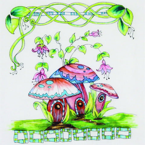 line drawing of three mushrooms dressed in designs ready for coloring 
